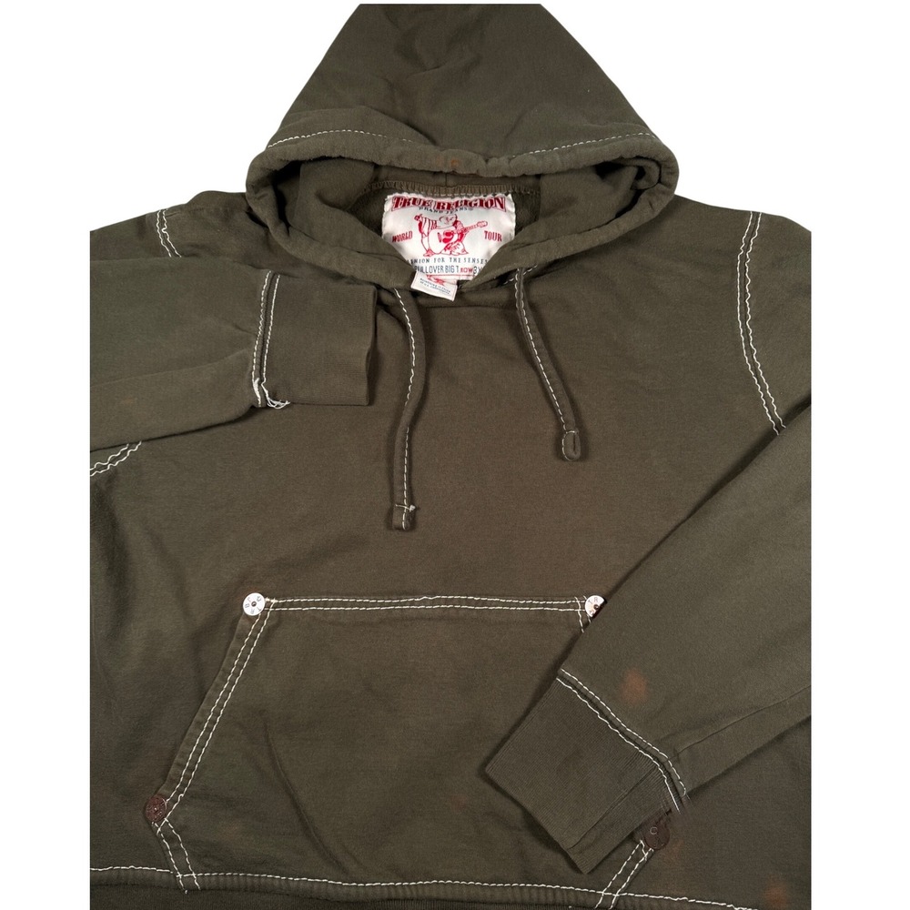 True Religion Mens Y2K Big T Row Hoodie Olive Green Big Stitch Size 3XL